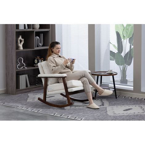 Fauteuil à bascule scandinave rembourré avec structure en bois, fauteuil de lecture confortable pour chambre et véranda (1/5)