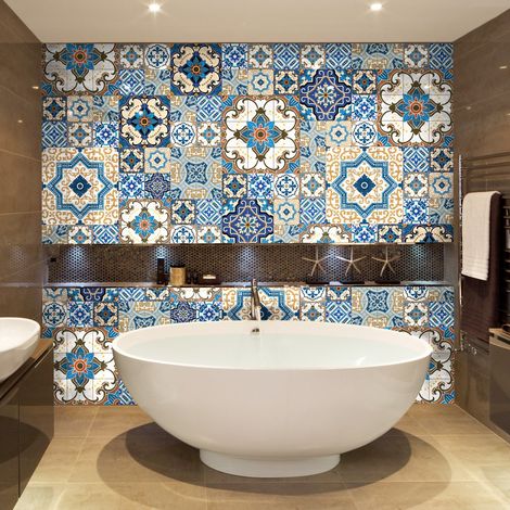 60 Stickers adhésifs carrelages Sticker Autocollant Carreaux de ciment Mosaïque carrelage mural salle de bain et cuisine Carreaux de ciment adhésif mural azulejos 10 x 10 cm 60 pièces (1/5)