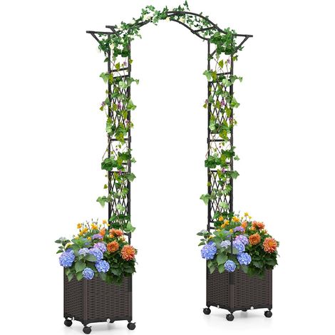 GOPLUS Arche de Jardin avec 2 Jardinières, Pergola en Métal avec Roues, Revêtue en PE Antirouille, Support pour Plantes Grimpantes, pour Porte,208x40x250CM,Noir