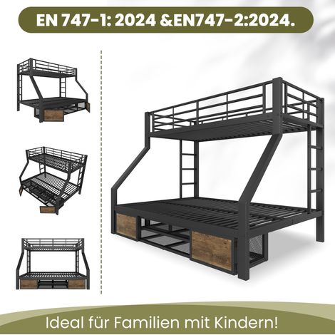 Lit superposé 90x200 et 140x200 cm, meuble enfant avec rangements, étagère à chaussures, échelle et garde-corps, certifié EN747, sans matelas, noir (1/5)