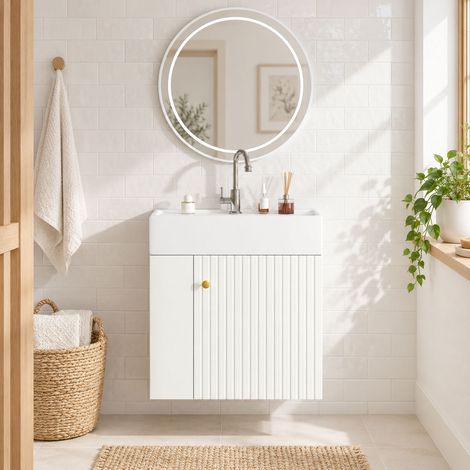 Meuble salle de bain suspendu 55 cm avec vasque céramique, meuble sous vasque blanc, porte et rangements latéraux (1/5)