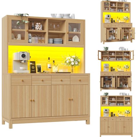 Buffet haut de cuisine Marron,meuble moderne avec LED,avec 4 tiroirs,plan de travail,140x38.5x180cm,cuisine,salon (1/5)