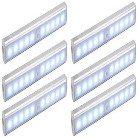 Lot de 6 Lampes 10 LED, Sans Fil, Rechargeable par USB, Aimanté, Détecteur de Mouvement, 2 Modes d’Éclairage, Portable. Lumière de Placard, Baladeuse de Secours, Veilleuse Enfant, Appoint