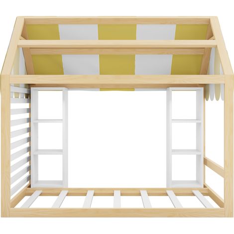 Lit cabane enfant style cottage 90 x 200 cm avec baldaquin, rangements ouverts et cadre bois blanc (1/5)