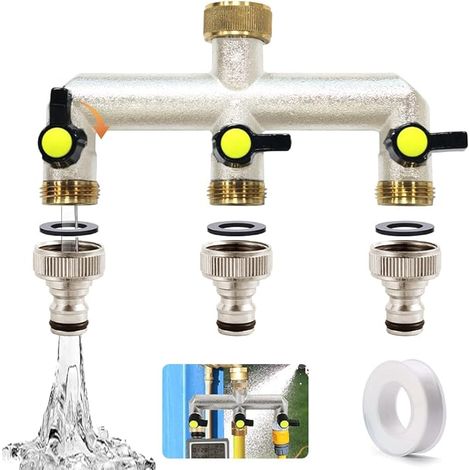Distributeur d'eau 3 voies 3/4" - Répartiteur de raccordement d'eau avec adaptateur 1/2 - Répartiteur de robinet avec robinet sphérique - Distributeur d'eau - Répartiteur de tuyau d'arrosage (1/5)