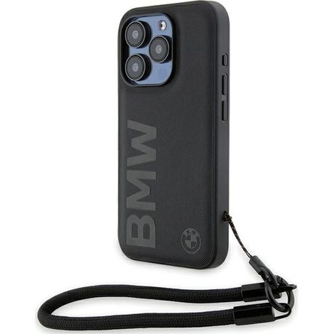 Coque rigide noire BMW BMHCP15L23RMRLK pour iPhone 15 Pro 6.1 avec logo en cuir et cordon. (1/5)