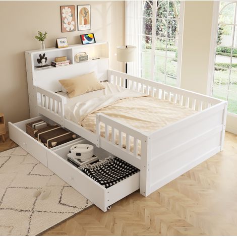 Lit enfant 90x190 cm avec LED, prise USB et Type-C, tête de lit avec rangement, 2 tiroirs, bois blanc (1/5)
