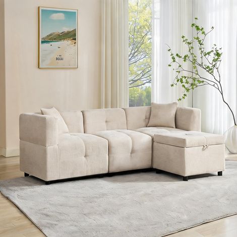 Canapé d'angle en tissu beige 3 places avec pouf de rangement (1/5)