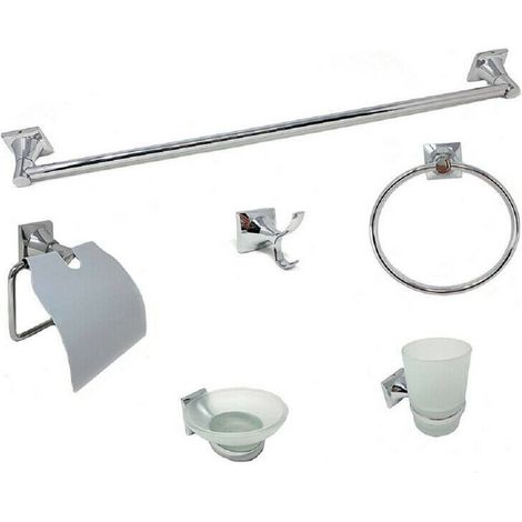 Trade Shop - Set Bagno 6 Accessori Acciaio Vetro Portasaponetta Rotolo Spazzolini Asciugamano -