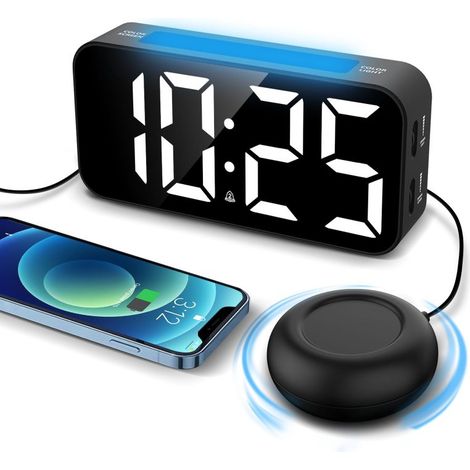 Topski Vibrationswecker mit Vibrationsfunktion für den Nachttisch, Nachtlicht, großem Display und einstellbarer Lautstärke (RGB)