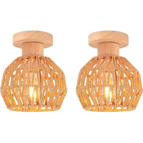 Lot de 2 Plafonnier Rotin E27 Abat-jour 16cm Bois Métal Décoration Bohème pour Chambre Couloir