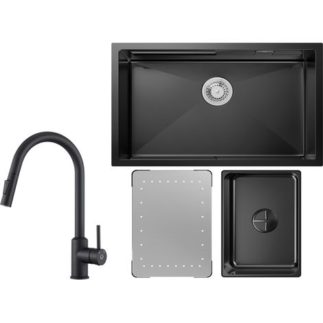 Cecipa Lavello da Cucina Antracite 1 Vasca con Gocciolatoio e Lavello da Incasso a Vasca 70×44×21 CM + Miscelatore da Cucina con Doccetta Estraibile - Nero (1/5)
