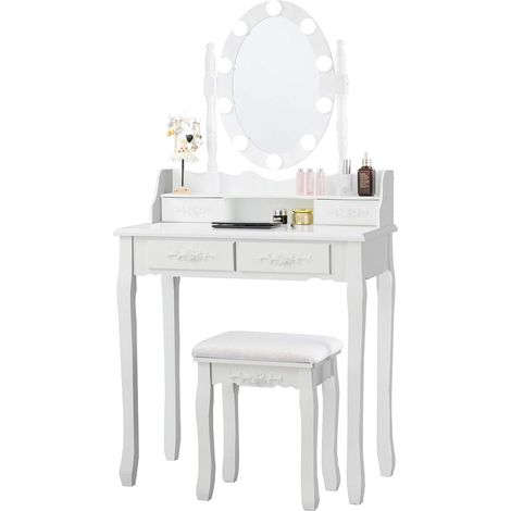 COSTWAY Set Mesa Tocador Taburete con 10 Luces LED, Mesa de Maquillaje con Espejo Ovalado Iluminado e Interruptor Táctil, Iluminosidad Regulable (Blanco) (1/5)