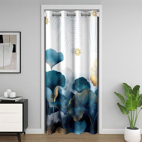Feuille de Ginkgo imprimé Rideau de Porte 132x203cm Feuille de Fleur botanique Rideau Occultant Rideaux Bleu Blanc Feuille d'or Rideaux Interieur Salon Chambre Garçon Fille Nature thème - 132L X 203H (1/5)