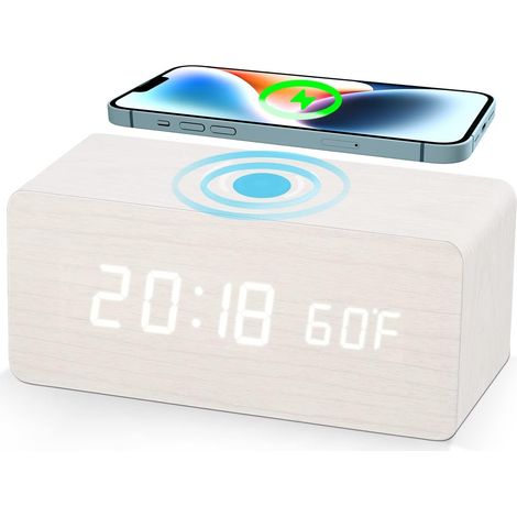 Réveil en bois, horloge de bureau électronique numérique LED avec date, température et humidité, connexion USB sans fil (1/5)