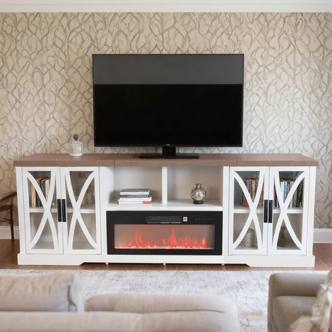 Parrot Uncle TV-Schrank mit Elektrokamin 36 Zoll, 237 cm TV-Möbel für Fernseher bis 106 Zoll, LED-Flammeneffekt-Heizung, Stauraum, Landhausstil Weiß (1/5)