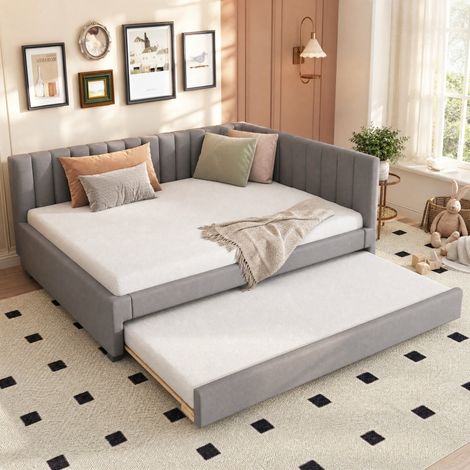 Sofá cama 140x200 cm con cama nido, terciopelo gris, estructura de madera, FloraGrace (1/5)