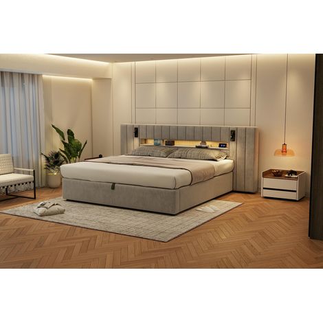 Cadre lit 180x200 avec USB, capitonné, double, coffre, fonctionnel, LED, lampe de nuit, rangement, sans matelas, velours, gris (1/5)