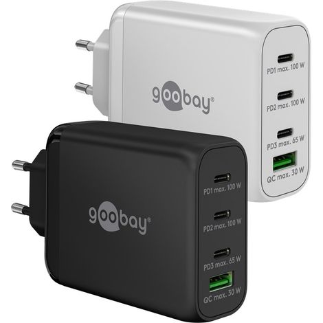Caricatore rapido multiporta USB-C™ PD GaN (100 W) bianco, 3x porte USB-C™ (Power Delivery) e 1x porta USB-A (Quick Charge). colore bianco