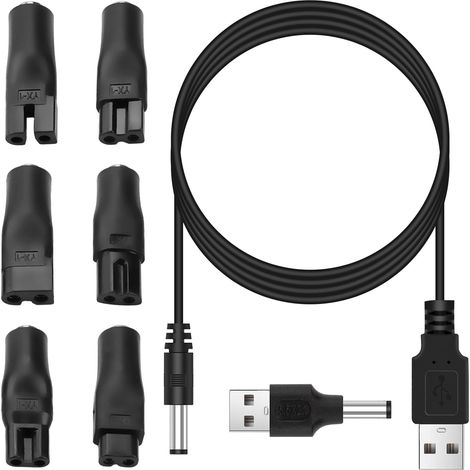 Kit Câble USB 5V - 7 Fiches Adaptateurs - PVC et Cuivre - Charge Universelle Rasoir Tondeuse - Noir (1/5)