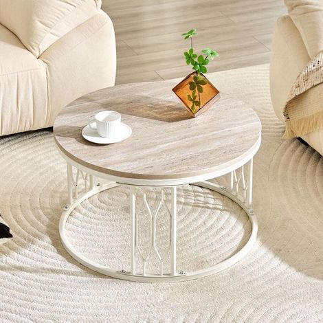Table basse 70 x 40 cm forme ronde plateau aspect bois piètement métal cadre en fer géométrique stabilité renforcée (1/5)