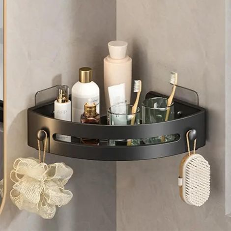 Dreieckiger Duschkorb – bohrfreies Wandregal für Badezimmer, Kunststoff-Dreiecks-Duschregal mit Handtuchhaken und Ablaufloch, rostfreies Eckregal, Schwarz, 1 Stück