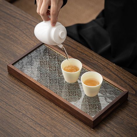 Teetablett aus Walnussholz und Glas, Kuchen- und Brottablett, Frühstücks- und Nachmittagsteetablett, Hotelbedarf, rechteckiges Tablett für Restaurants (1/5)