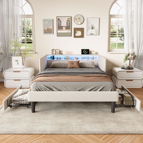 Polsterbett 140x200 cm Samt mit abnehmbarer Absturzsicherung, 2 Schubladen, LED und USB Anschluss, Beige