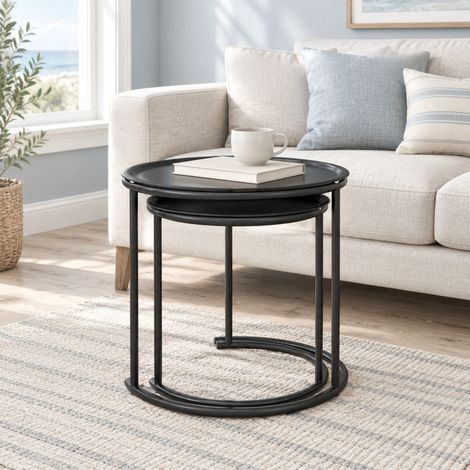 Lot de 2 tables basses rondes gigognes en acier noir Ø43/35 cm OKMYHOME (1/5)
