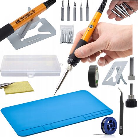Rosfix Soldador de precisión Rosfix con potenciómetro Rosfix Naranja Pitbull OP60W + Estera 20x30 + Esponja + Estaño 0,8x10 + Pinzas dobladas + Cinta aislante negra + CAJA