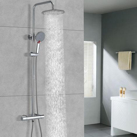 Duschsystem mit Thermostat, 25cm Regendusche, 3 Strahlarten Handbrause, höhenverstellbar (1/5)
