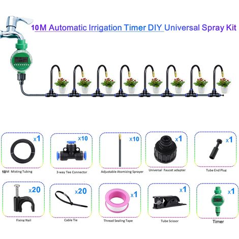 Kit de pulvérisation universel flexible (10 m avec minuterie) avec buses réglables en cuivre jaune de 20 cm pour l'arrosage du jardin et la brumisation. (1/5)