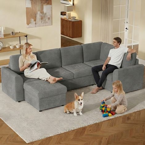 Modernes Sofa im modernen Stil,Corduroy L-förmiges Ecksofa mit Armlehnen, 1 beweglicher multifunktionaler Hocker, einfache Montage, hochdichter Schaumstoff, gray (B282 × H85 × T153 cm).