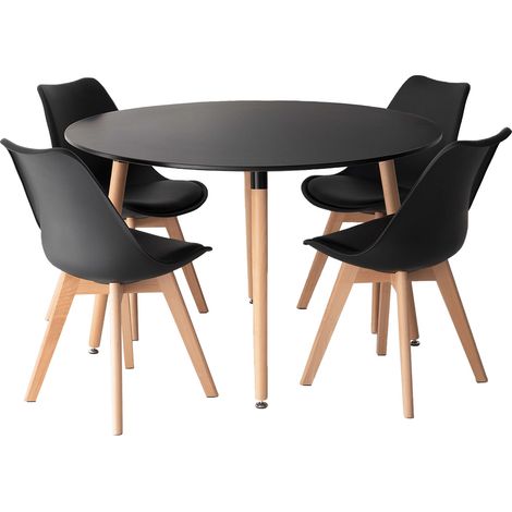 Happy Garden – Ensemble table ronde 120cm avec 4 chaises NORA – Structure en bois massif – Coussins rembourrés – Pour salle à manger ou cuisine