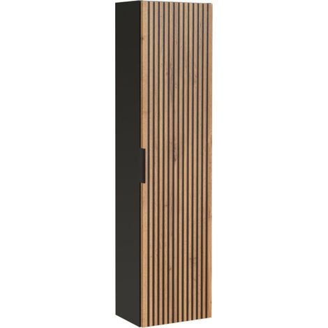 Badezimmersäule KINOKO – 1 Tür – Oberfläche mit Holzleisten-Effekt in Natur und Schwarz – B35 × T25 × H140 cm – Zum Aufhängen