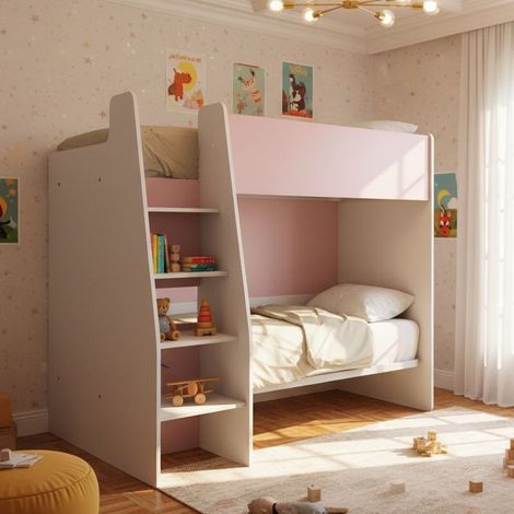 Letto a castello salvaspazio con scaletta frontale - Montaggio facile - bianco e cipria (1/5)