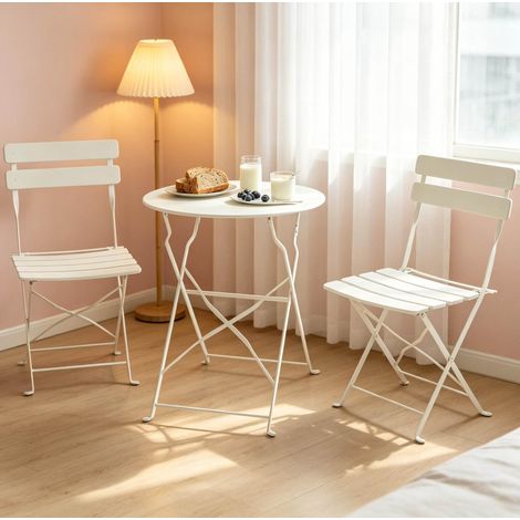 Set bistrot da giardino 58x58x70 cm, pieghevole salvaspazio, 1 tavolo e 2 sedie, metallo crema (1/5)
