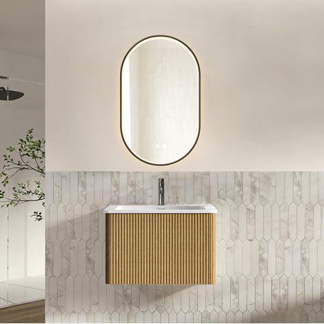 Meuble vasque suspendu 60 cm avec miroir ovale 50 x 80 cm, chêne, préassemblé (1/5)