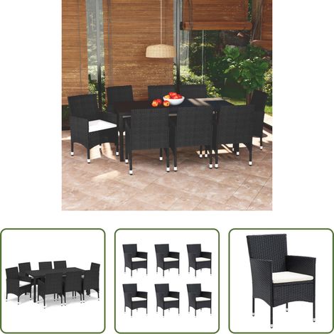 Terrassenstuhl - 9-tlg. Garten-Essgruppe mit Kissen Poly Rattan Schwarz (1/5)