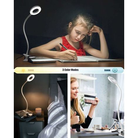 Lampe de Bureau à Pince 5W Lampe-Clip de Lecture Table Lit à LED avec l’Adapteur Luminosité Réglage Soin des Yeux pour le Bureau et le Domicile Flexible à 360° Blanche (1/4)