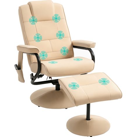 Beige Faux Leather Swivel Recliner Chair with Remote Control and Footstool-Comfortable Massage Armchair for Relaxation