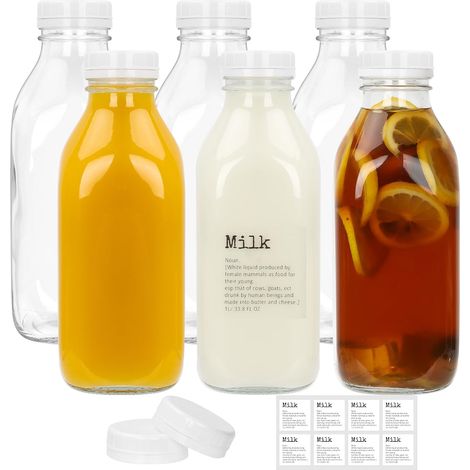 6er-Set Glasmilchflaschen à 1 l – Transparent und luftdicht – Zur Aufbewahrung von Saft, Sirup und Honig – Für Küche, Kühlschrank und Partys – 946 ml (1/5)