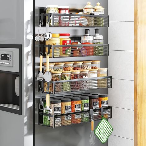 Porte-épices magnétique pour réfrigérateur - Lot de 4 étagères magnétiques, organisateur frigo avec 8 crochets amovibles, étagère magnétique pour rangement et organisation de cuisine(4 PACK) (1/5)