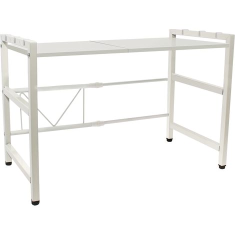 Todeco – Support de four à micro-ondes extensible – Meuble de rangement en métal avec 6 crochets – Charge 25 kg – Dimensions réglables 36-60 x 36 x 34,5-44 cm – Blanc