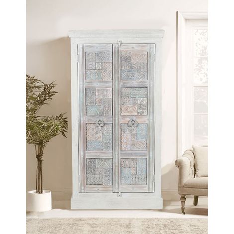 Viva - Armoire 2 portes en bois massif de manguier sculptée (1/5)