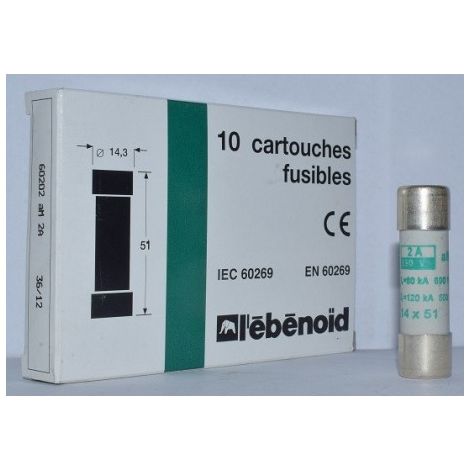 Fusible 2A cartouche 14X51mm aM usage industriel (boite de 10) HPC 120kA 660V sans percuteur EBENOID 060202