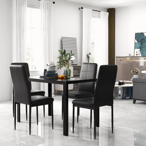 Conjunto de Comedor de Mesa y 4 Sillas 5 Piezas Mesa Rectangular de Vidrio Templado y Sillas Tapizadas en PU Negro (1/5)