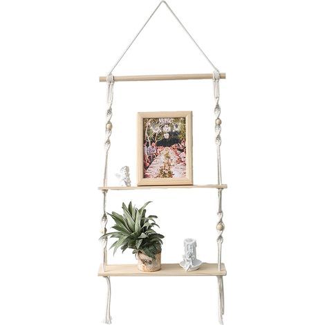 Étagère murale en macramé double niveau avec planches en bois – Décoration suspendue (1/4)