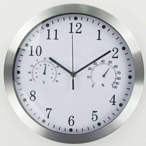 Horloge murale silencieuse ronde à quartz avec cadre en métal Horloge murale décorative sans tic-tac avec température et humidité (12 pouces, noir) (1/2)