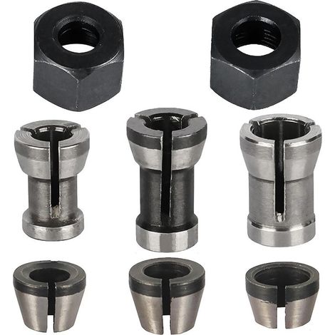 Lot de 6 mandrins de serrage en acier au carbone pour le travail du bois avec fraiseuse, fraise à graver, coupe du bois, défonceuse 6 mm, 6,35 mm, 8 mm, avec 2 écrous (1/5)